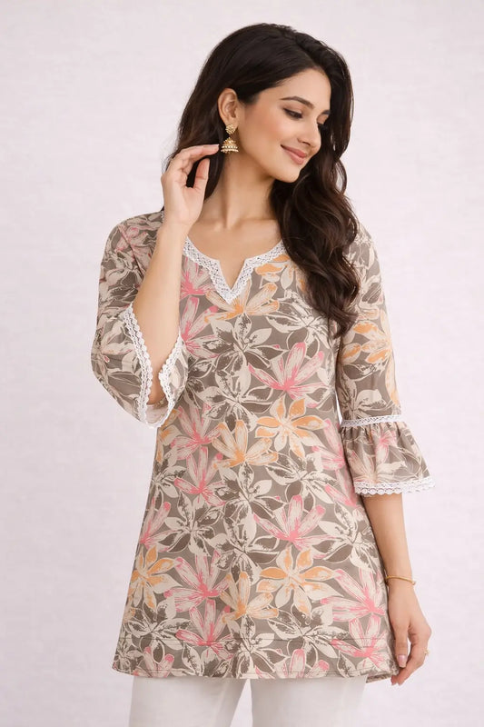 Women cotton floral short top front view stylish office wear