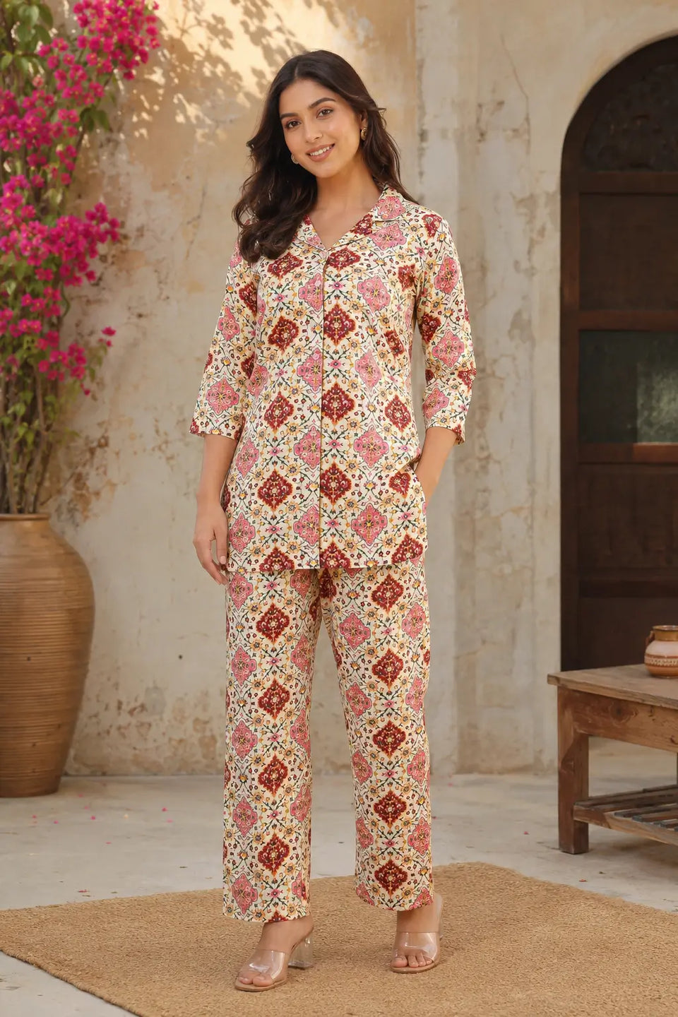 Rabric women cream and pink rayon floral printed co-ord set front view with 3-4 sleeves and straight fit pants