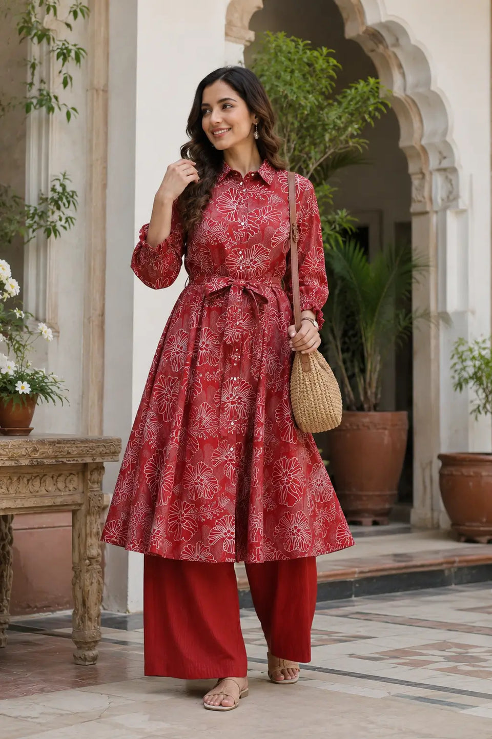 Rabric women ethnic vertical silk co-ord set styled with casual accessories outdoors
