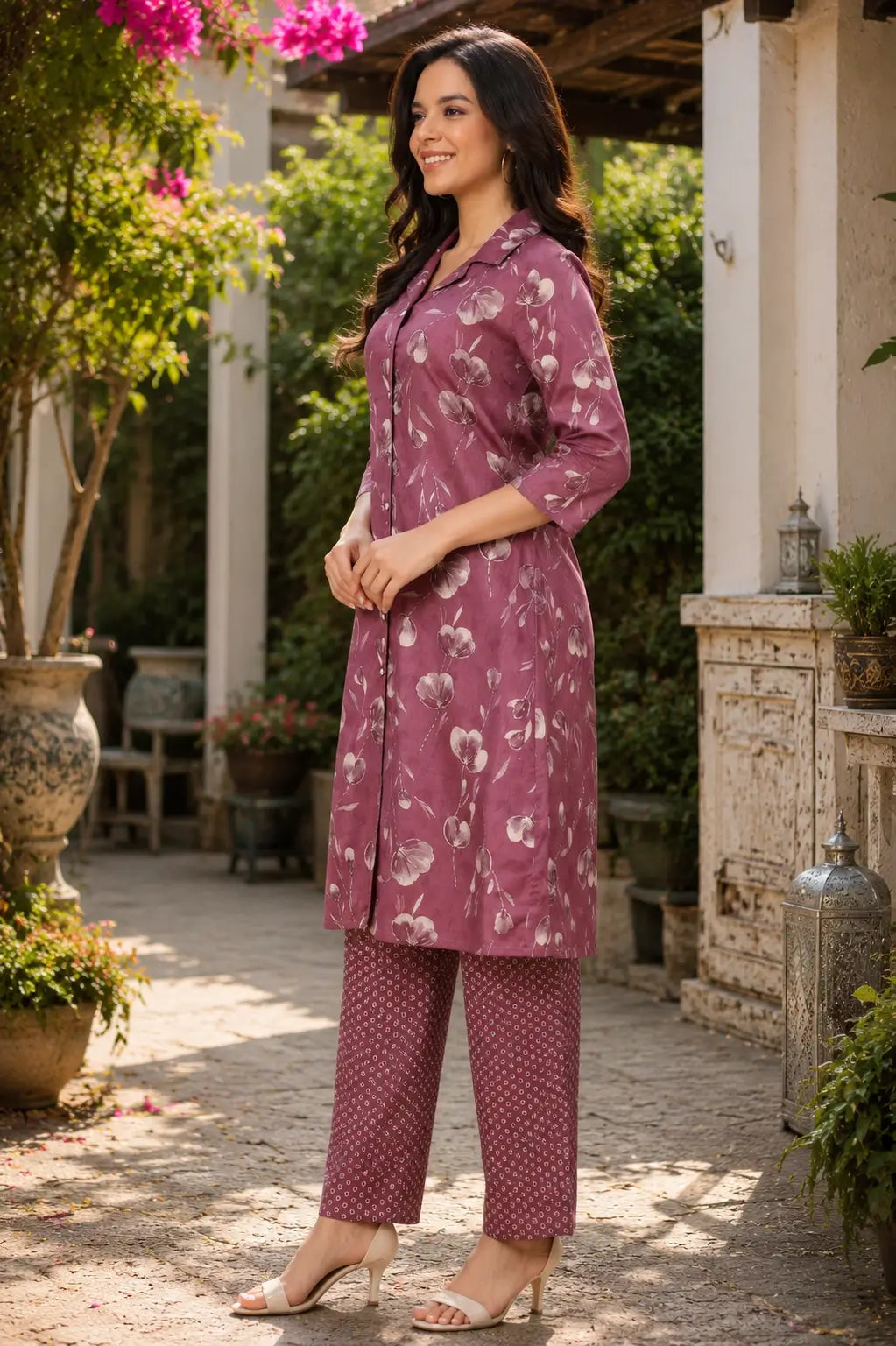 Side view of women ethnic cotton coord set with floral print by RABRIC