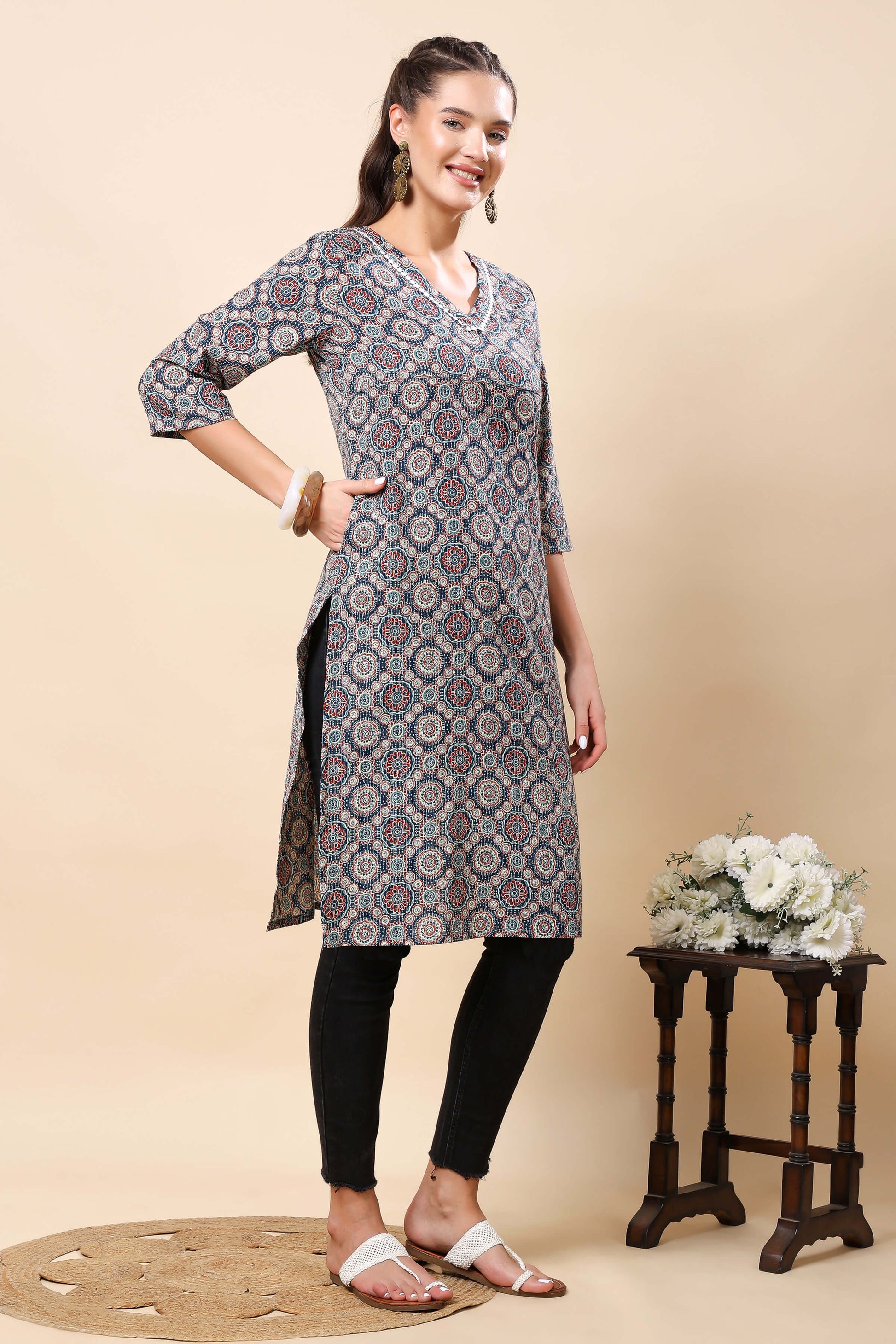 Side view of Rabric premium cotton kurti in blue and beige print