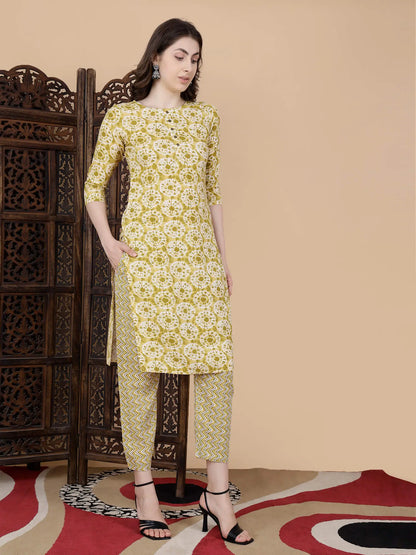 Soft Rayon Yellow Kurti with Printed Pants by Rabric