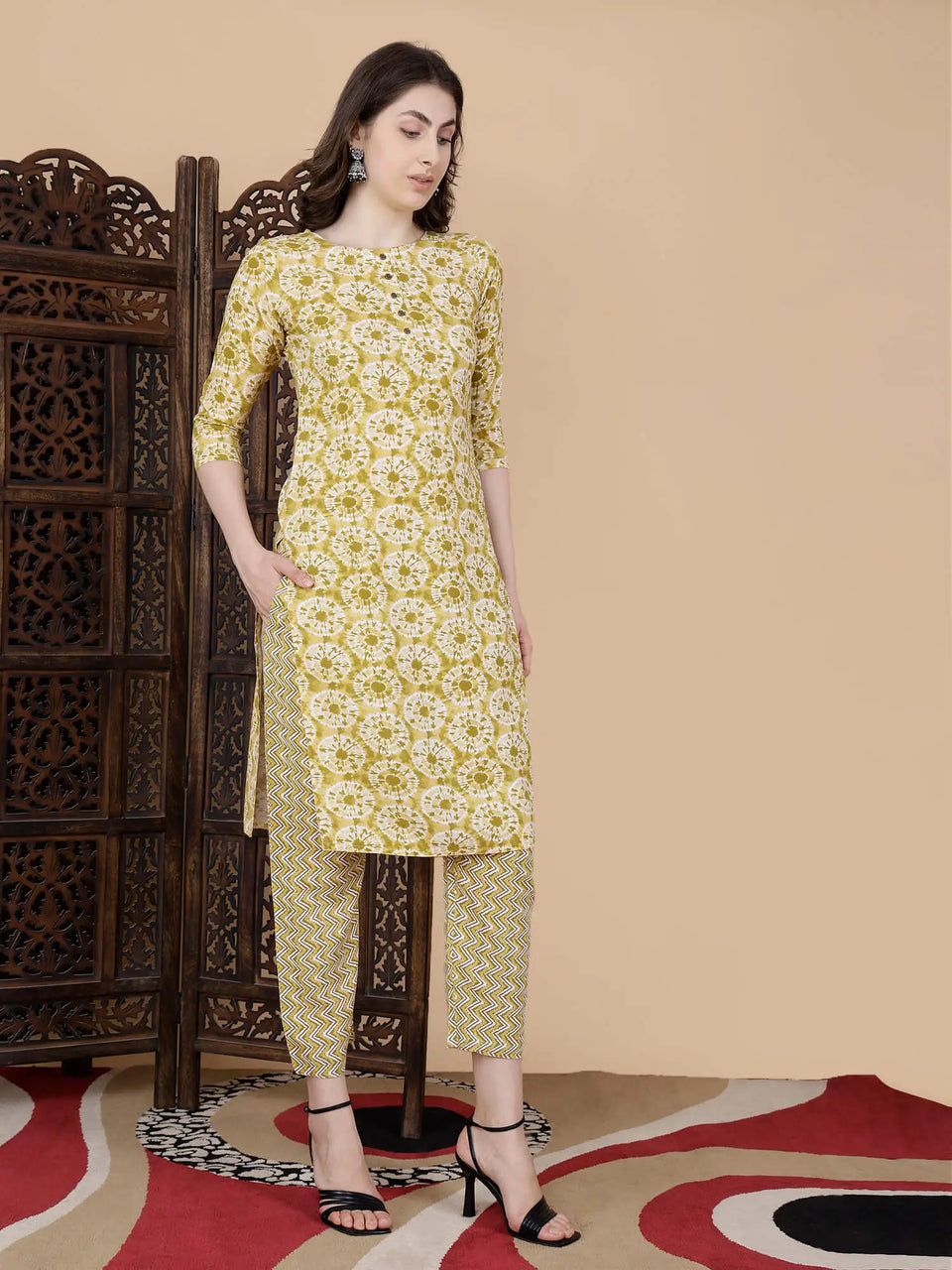 Soft Rayon Yellow Kurti with Printed Pants by Rabric