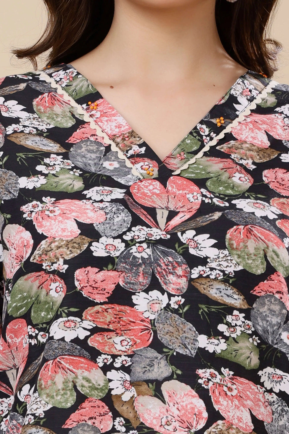 Handcrafted V-Neck Detailing on Rabric Floral Co-ord Set