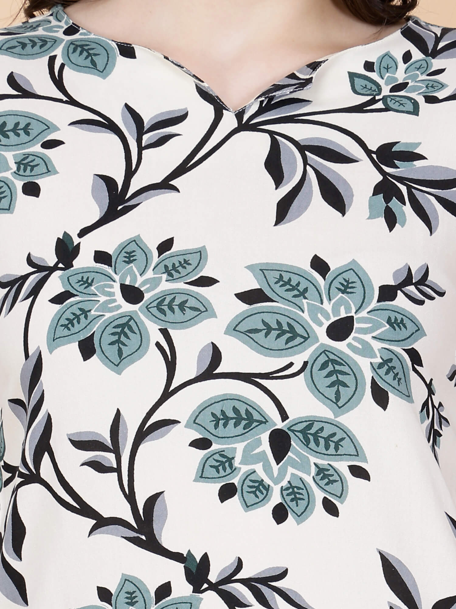 Close-up of teal floral print on premium rayon fabric