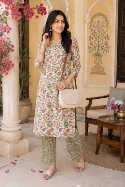 Rabric women floral cotton kurta pant set lifestyle look with elegant ethnic styling and casual accessories