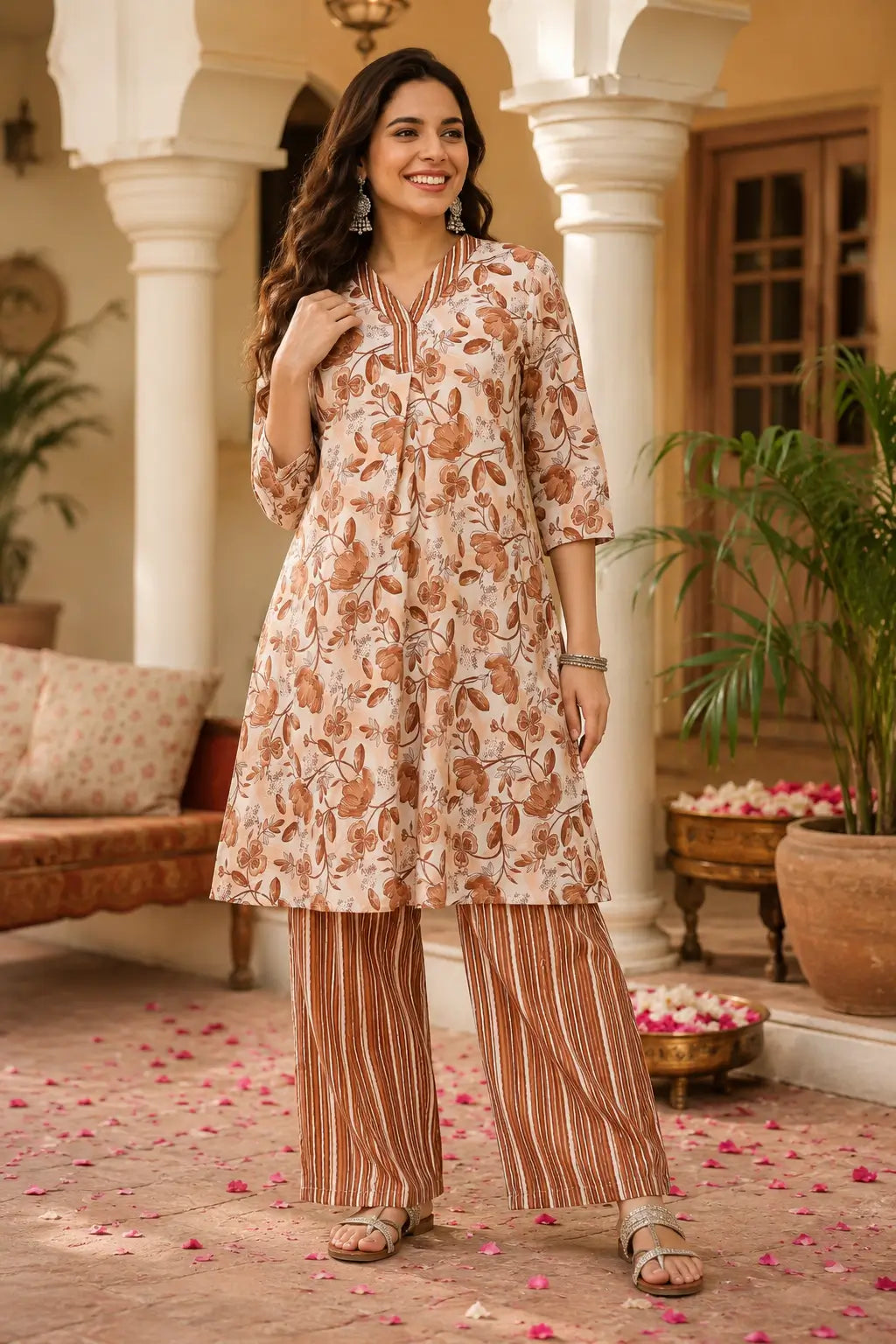 Woman wearing Rabric beige floral cotton kurta pant set in casual ethnic lifestyle fashion look