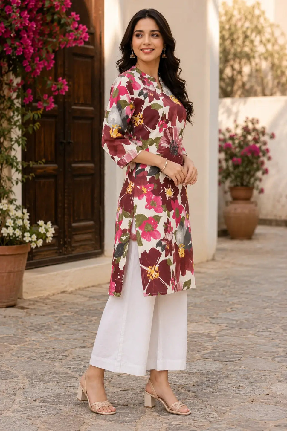 Side angle view of Rabric floral cotton kurti for women in maroon pink print with comfortable straight silhouette
