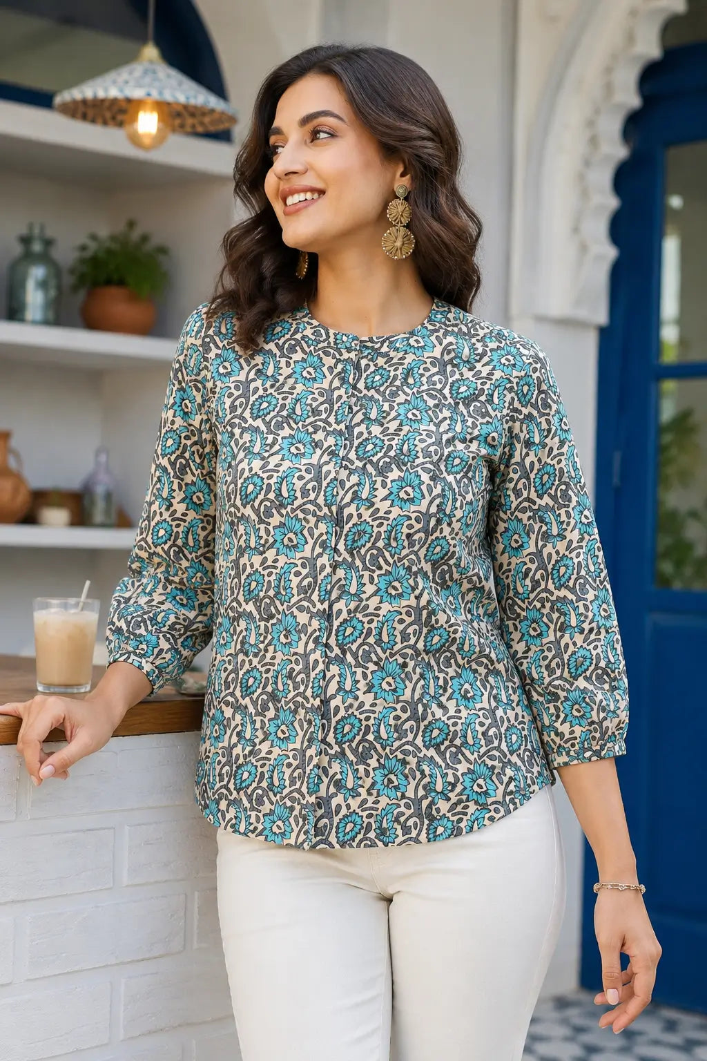 Rabric women floral cotton short top paired with stylish casual pants for summer fashion lifestyle look