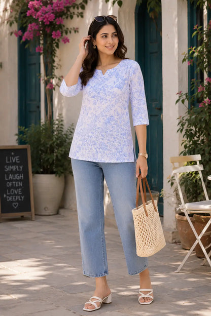 Women wearing Rabric white blue floral cotton short top with denim jeans in stylish casual lifestyle look