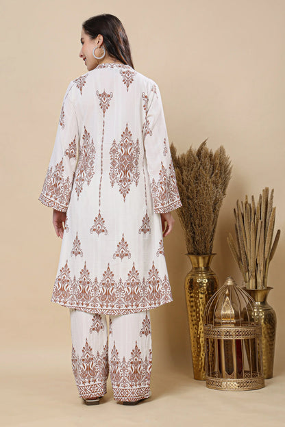Rabric Premium Mul Cotton Floral Co-ord Set for Women – White & Brown Printed Long Kurti with Straight Pants | Breathable Summer Ethnic Co-ord Set