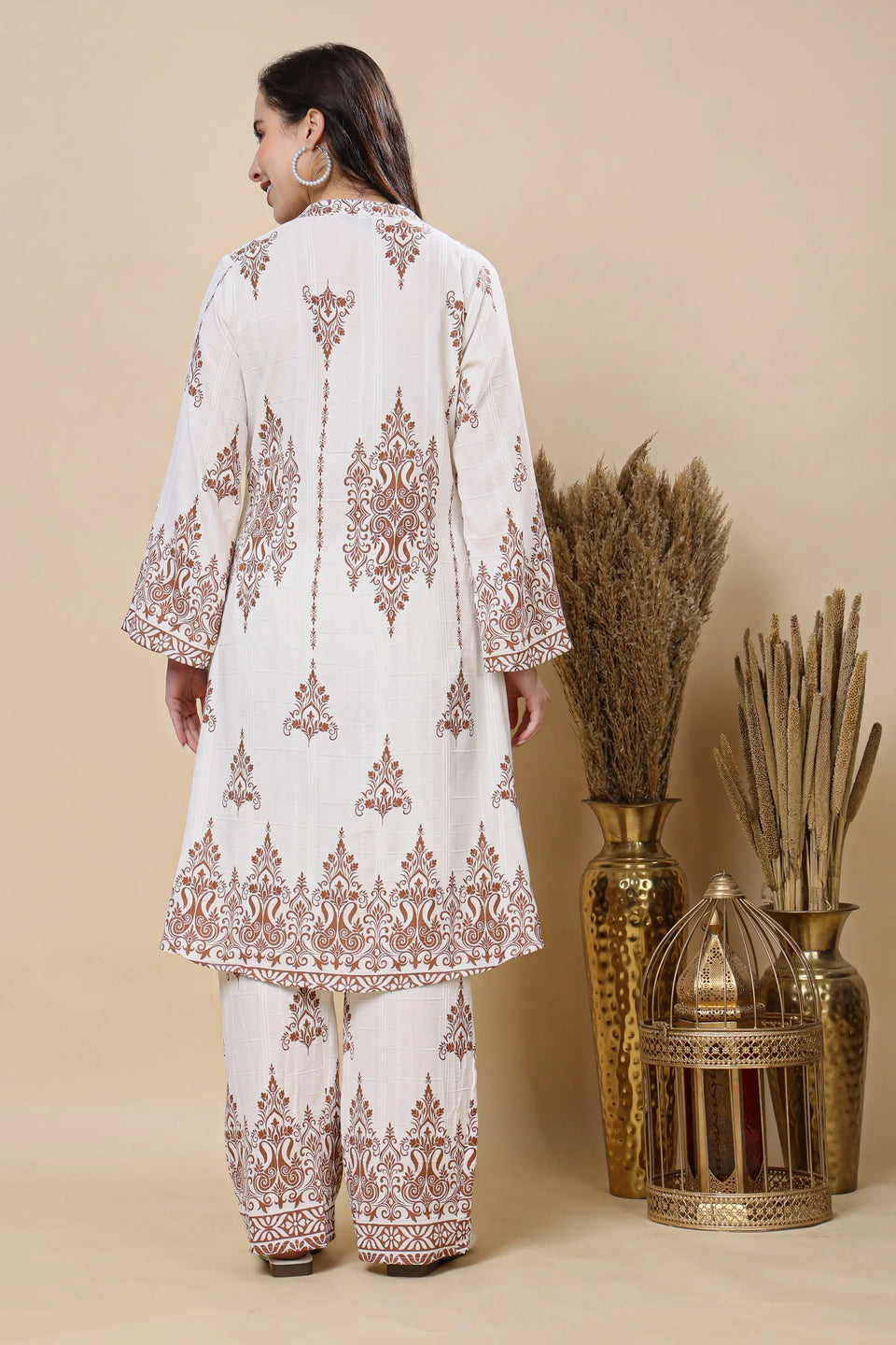 Rabric Premium Mul Cotton Floral Co-ord Set for Women – White & Brown Printed Long Kurti with Straight Pants | Breathable Summer Ethnic Co-ord Set