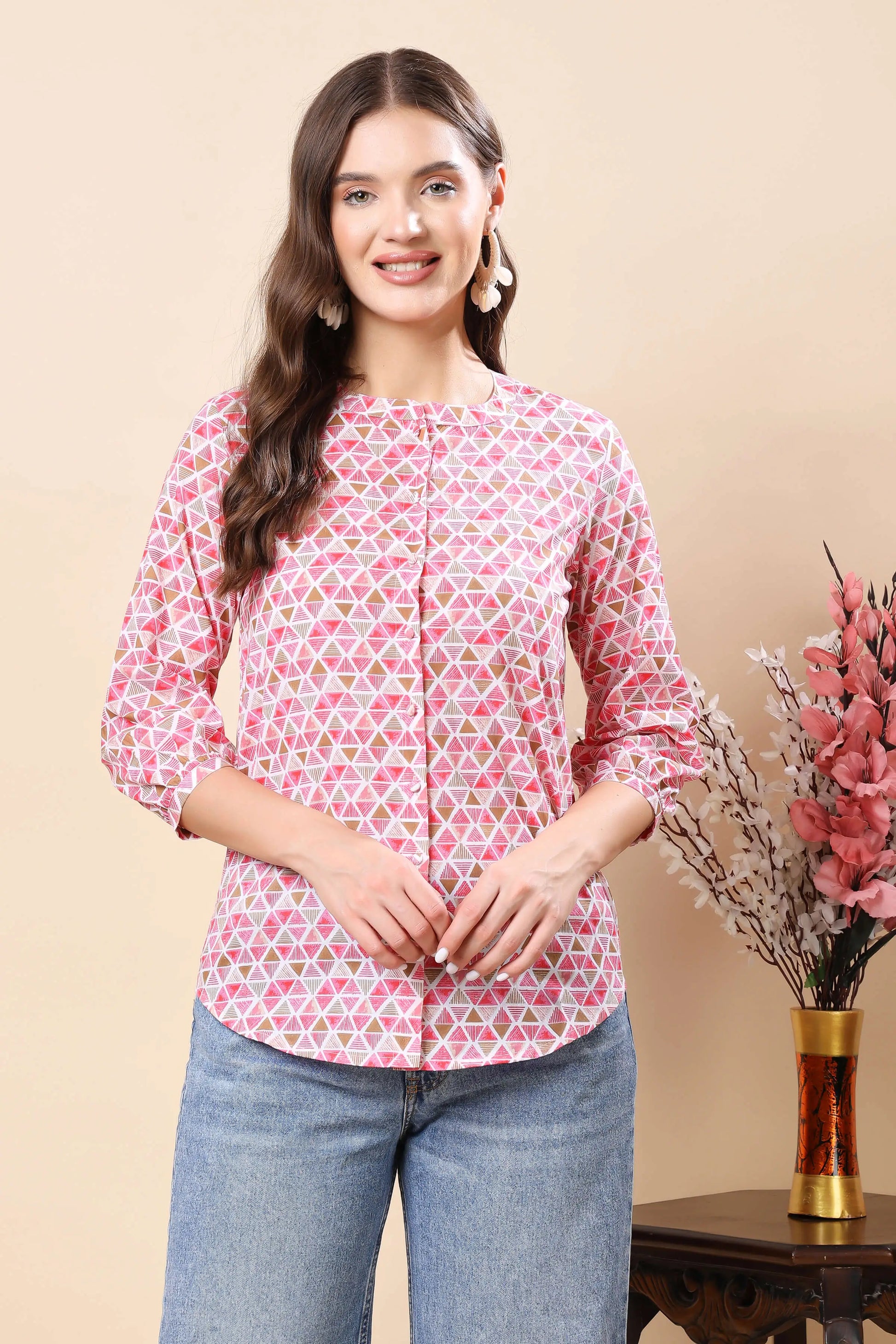 Side view of Rabric premium shirt style women’s top