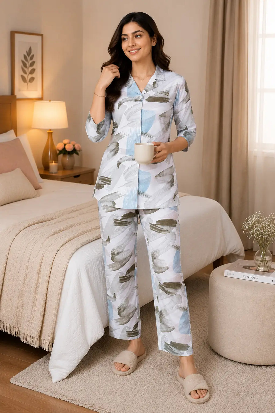 Rabric women luxury glace cotton co-ord nightwear set styled in cozy bedroom lifestyle setting with soft breathable fabric