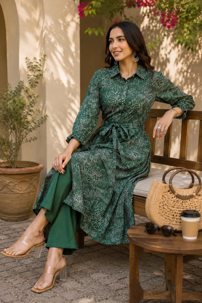 Outdoor fashion shoot of Rabric women green floral vertical silk co-ord set with palazzo pants