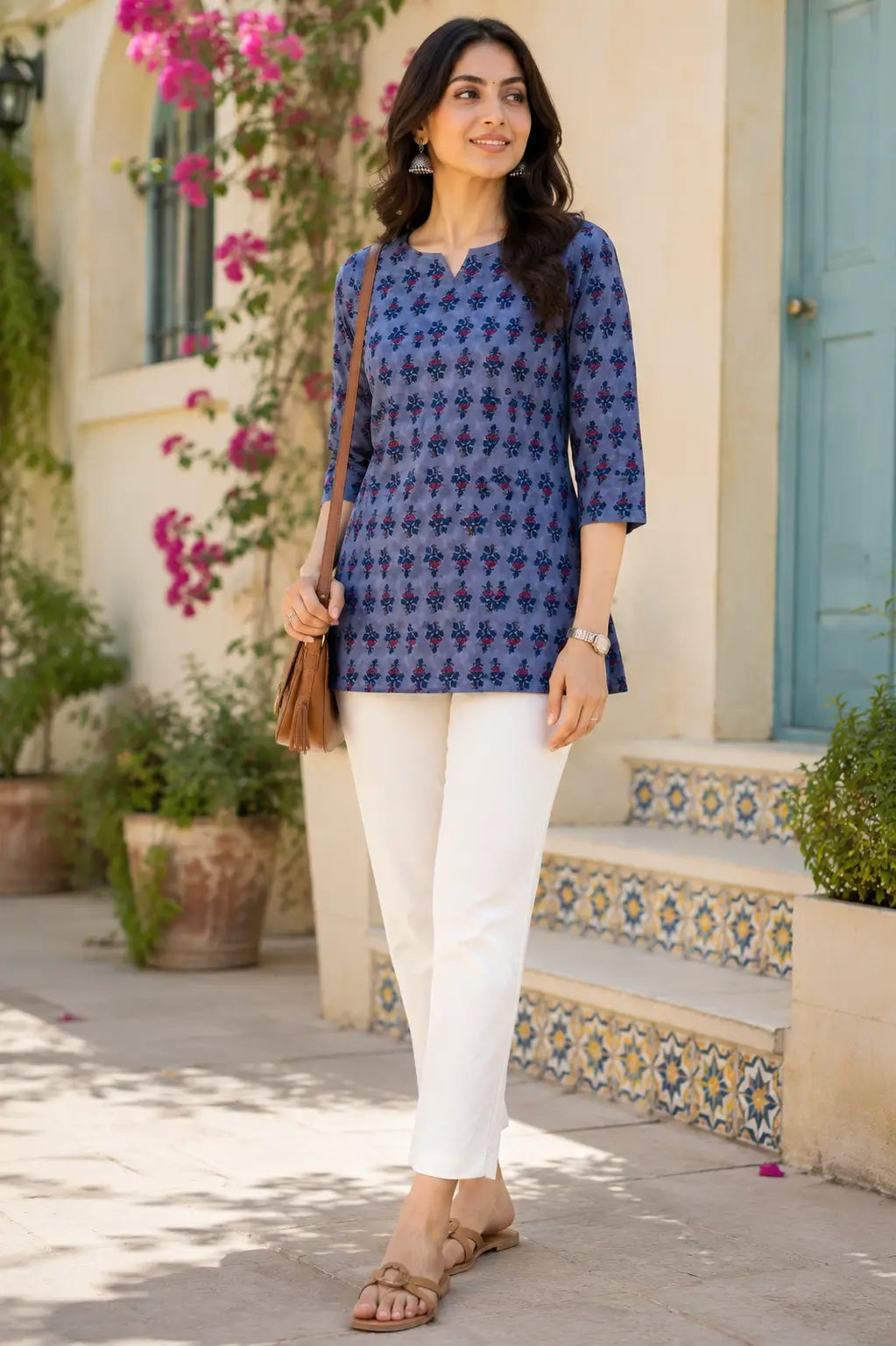 Rabric women grey floral cotton short top paired with stylish casual bottoms in modern lifestyle fashion look