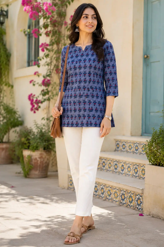 Rabric women grey floral cotton short top paired with stylish casual bottoms in modern lifestyle fashion look