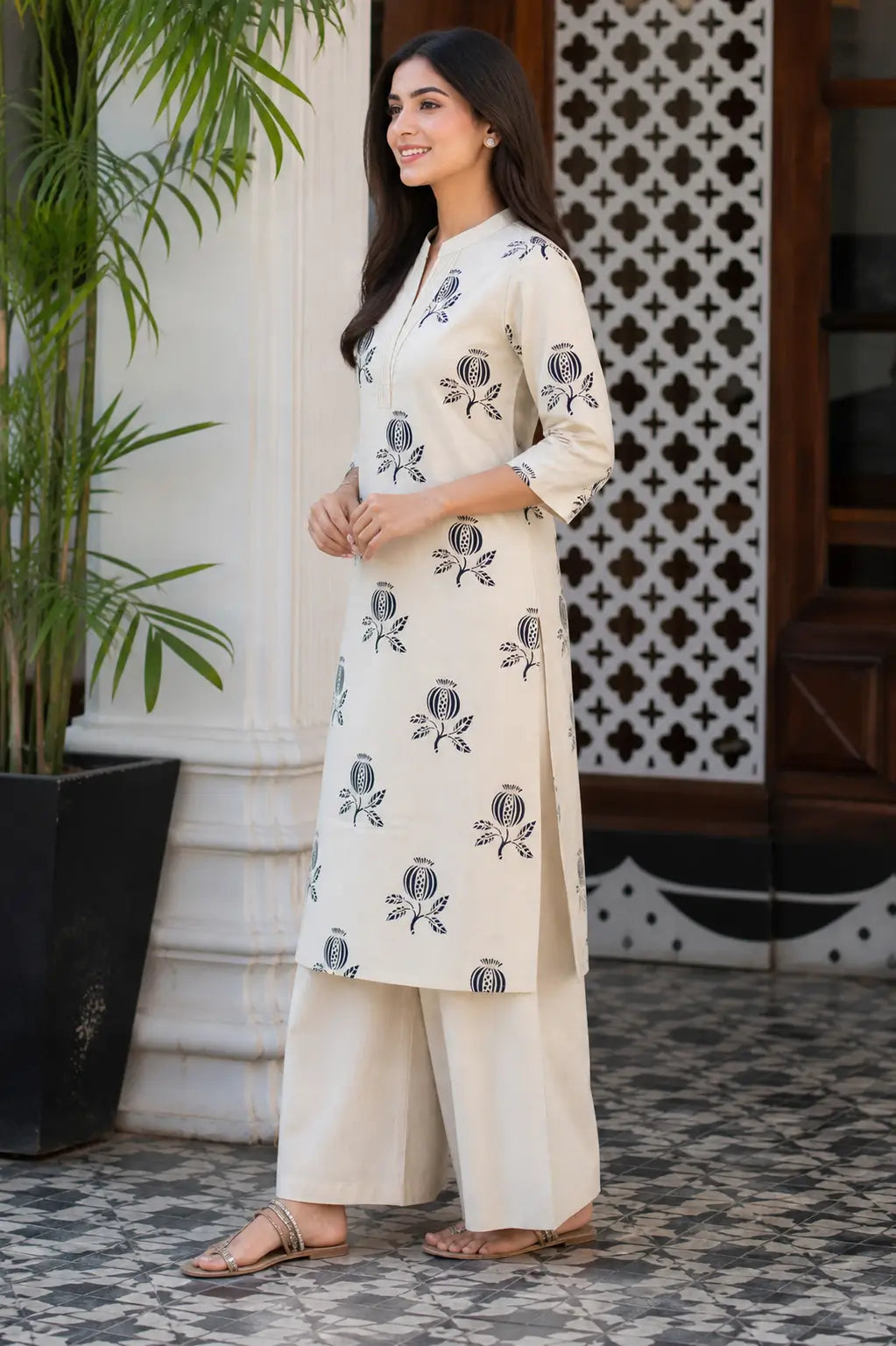 Side angle view of women’s beige cotton flex kurta pant set by Rabric