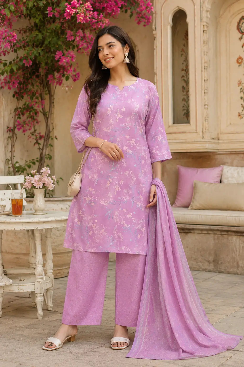 Women wearing lavender pink cambric cotton floral kurta pant set with dupatta by Rabric lifestyle ethnic look