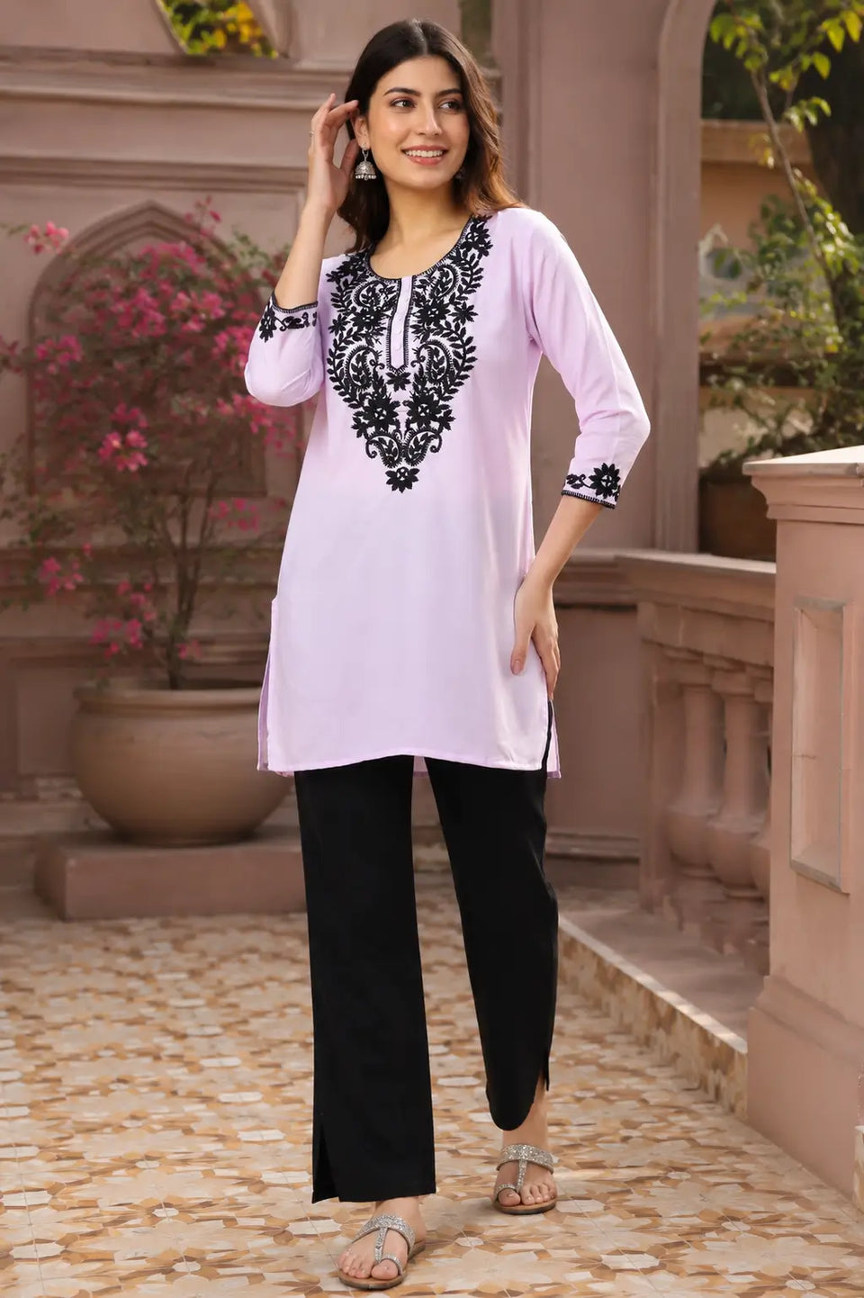 Lavender embroidered cotton tunic top for women by Rabric in outdoor lifestyle fashion look