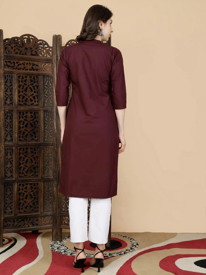Back View of Rabric Maroon Straight Fit Cotton Kurti