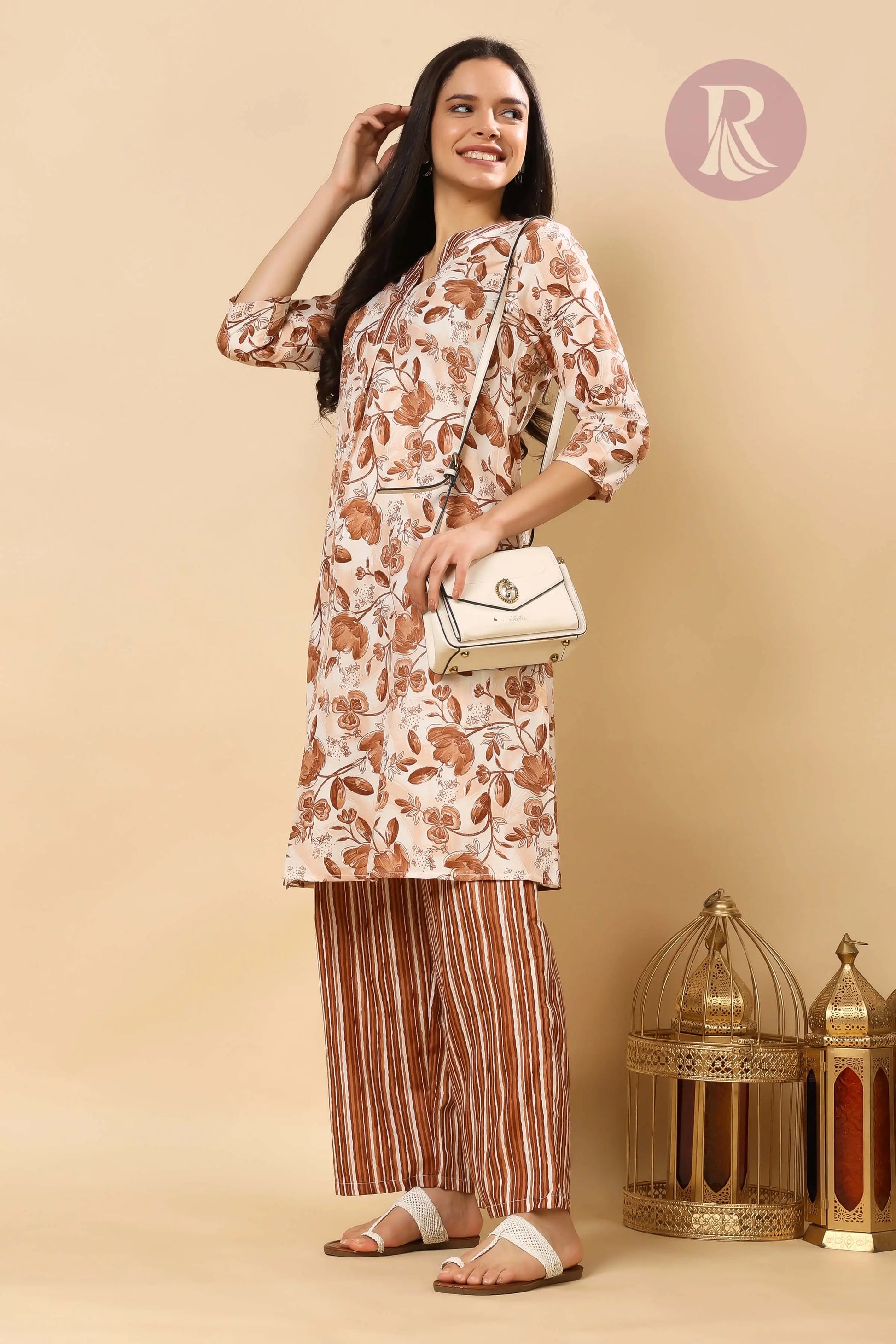 Women’s long kurti with matching striped pant – cotton slub ethnic wear