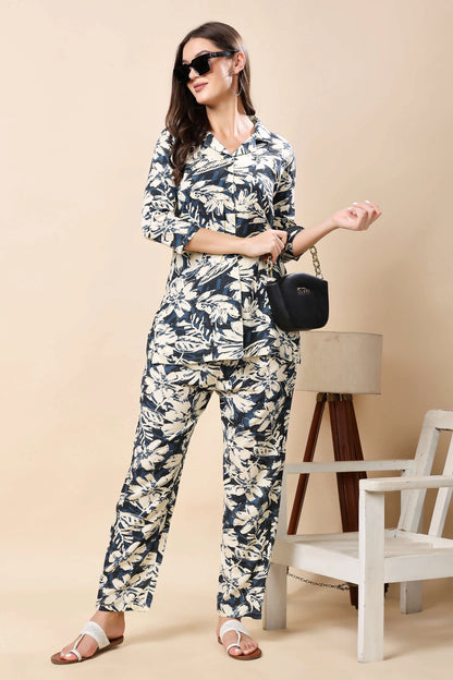 Full-length view of Rabric blue printed rayon co-ord set