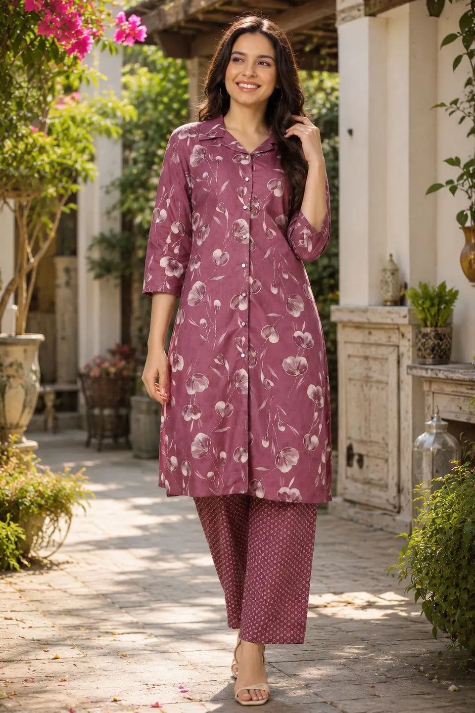 RABRIC women mauve floral cotton kurta pant set with 3/4 sleeves front view