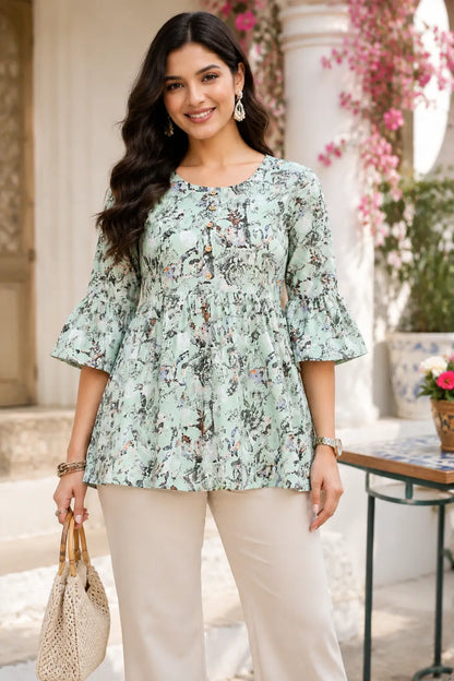 Rabric women mint green cotton printed short top with 3/4 bell sleeves and flare fit front view casual ethnic wear top