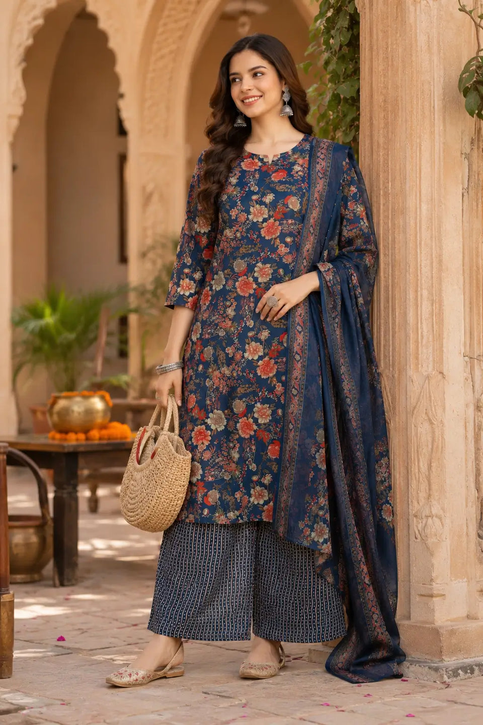 Stylish woman wearing navy blue cambric cotton floral kurta pant set with dupatta by Rabric