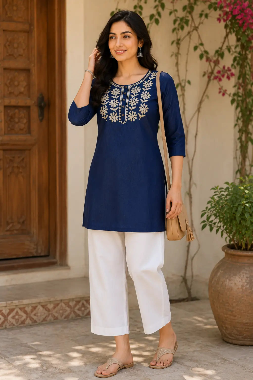 Woman wearing Rabric navy blue cotton embroidered short top with casual stylish summer outfit