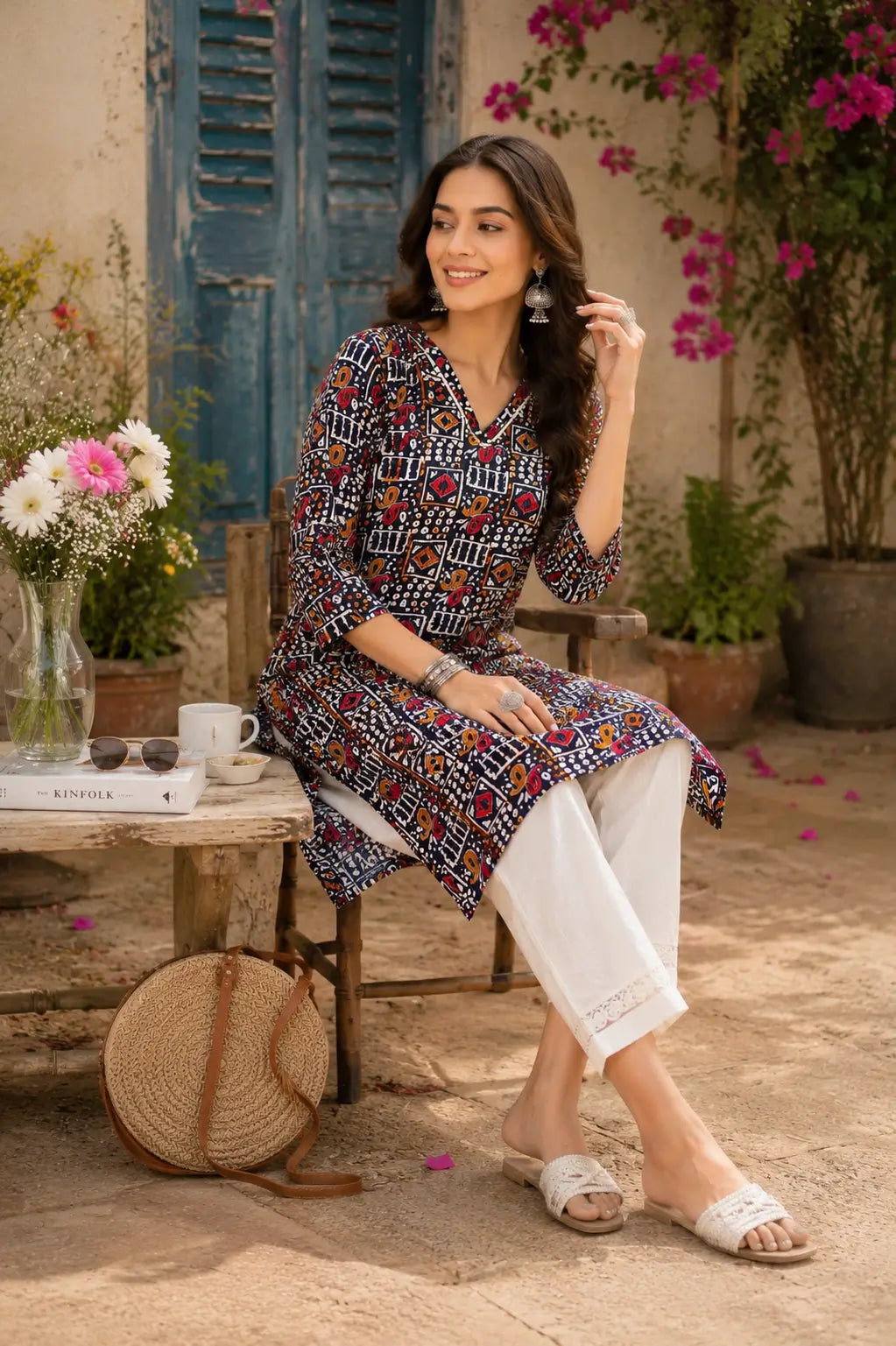Black Cotton Long Kurti for Women – RABRIC V-Neck Kurta – Rabric