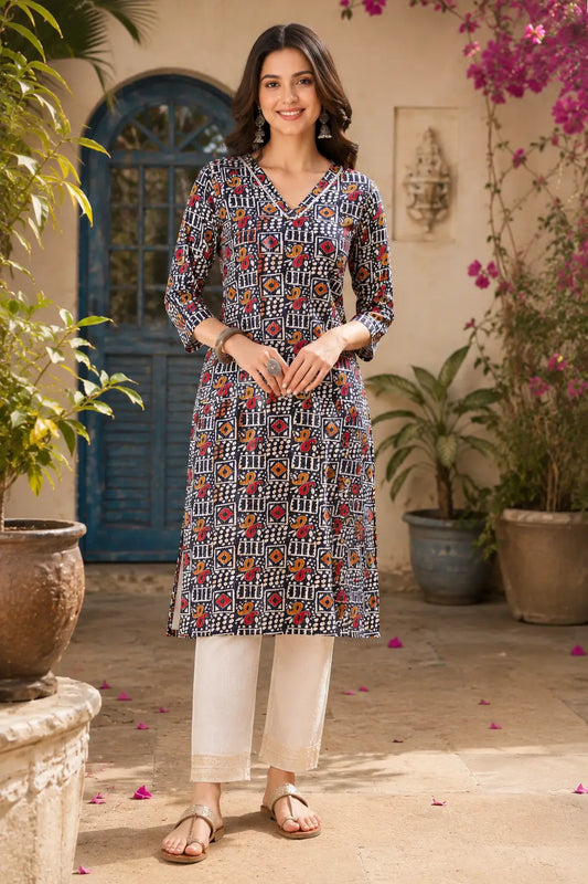 Rabric women navy blue cotton printed kurti front view with 3/4 sleeves and stylish V neck casual ethnic wear for women