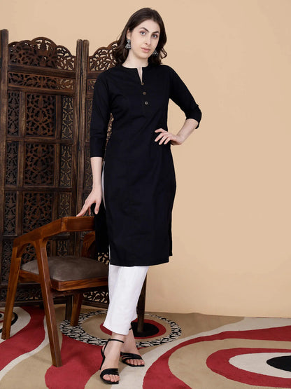 Model wearing Rabric black long kurti for office and casual wear
