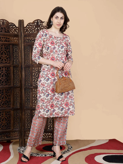 Elegant floral design kurti with striped pants – Rabric