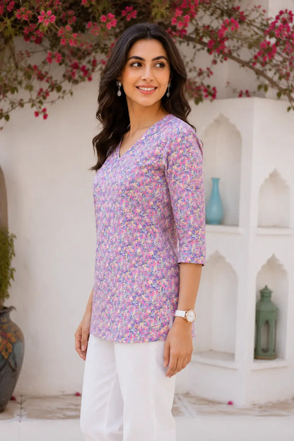 Side angle view of Rabric women pink multicolor floral cotton V neck short top with 3/4 sleeves stylish everyday fashion wear