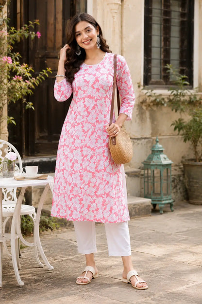 Woman wearing Rabric pink floral cotton kurti with stylish casual lifestyle fashion look and comfortable ethnic wear