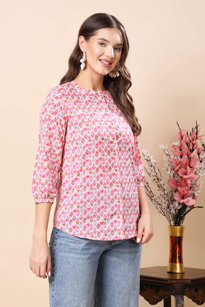 Side view of Rabric premium shirt style women’s top