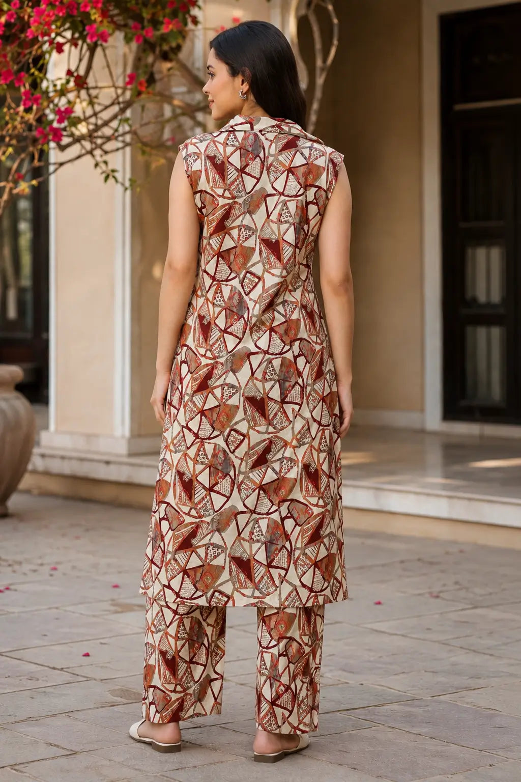 Back view of RABRIC women beige geometric printed kurta and pant coord set