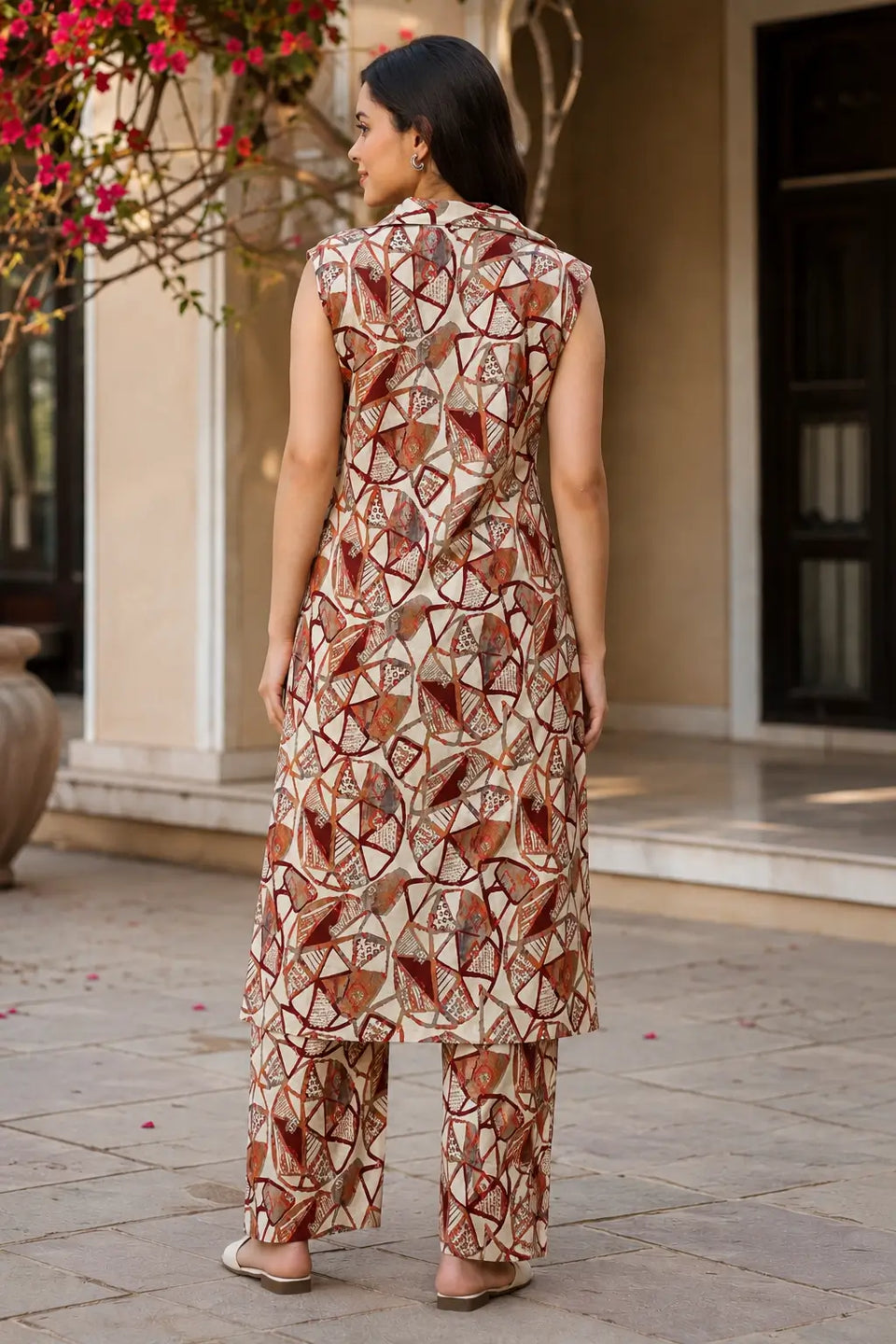 Back view of RABRIC women beige geometric printed kurta and pant coord set
