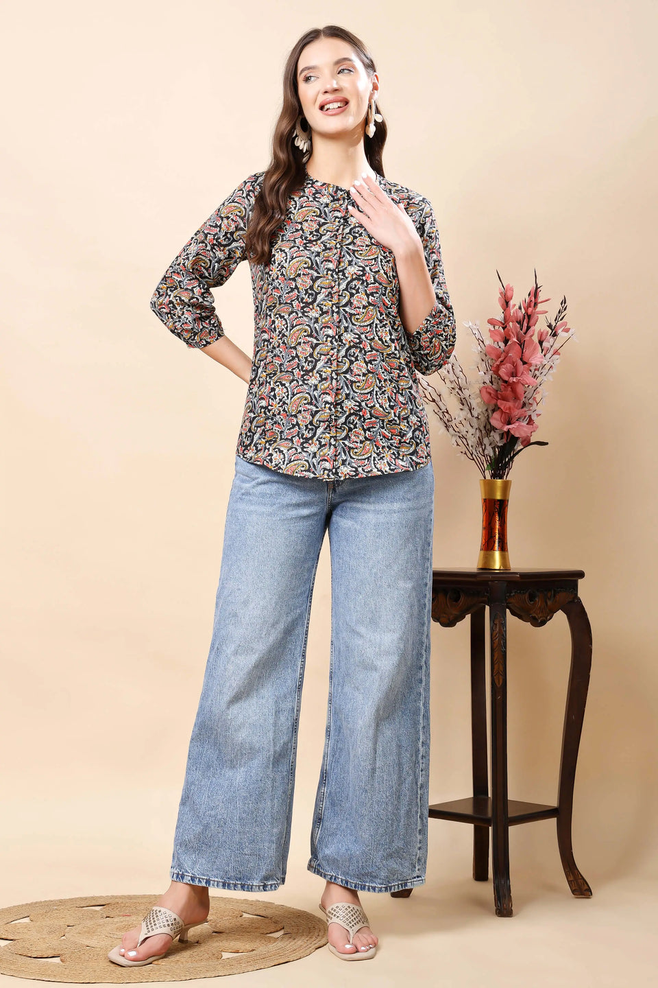 Rabric Premium Women’s Printed Short Top with Front Buttons