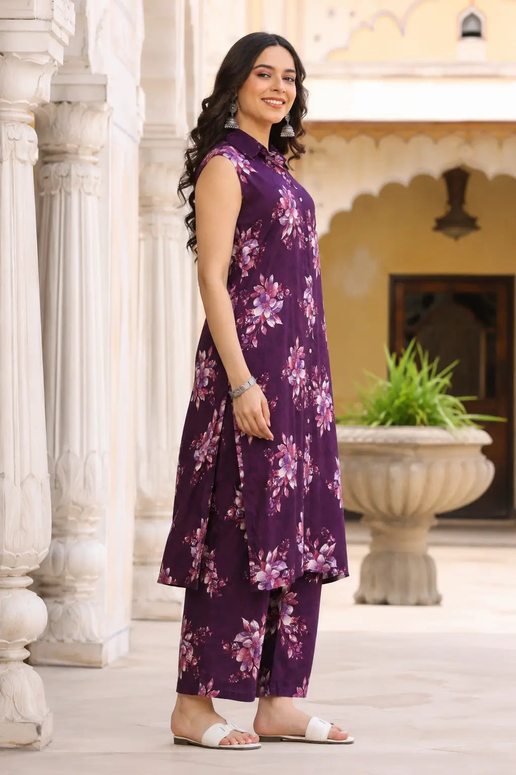 Side view of Rabric women’s purple floral co-ord set