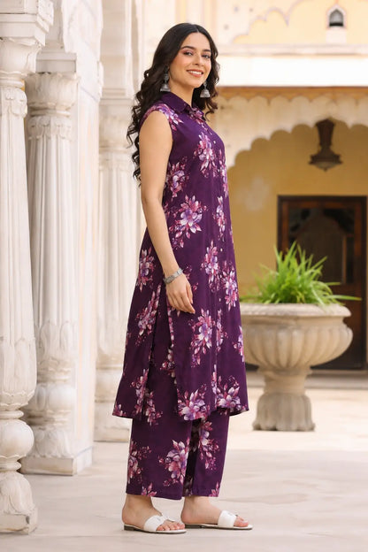 Side view of Rabric women’s purple floral co-ord set