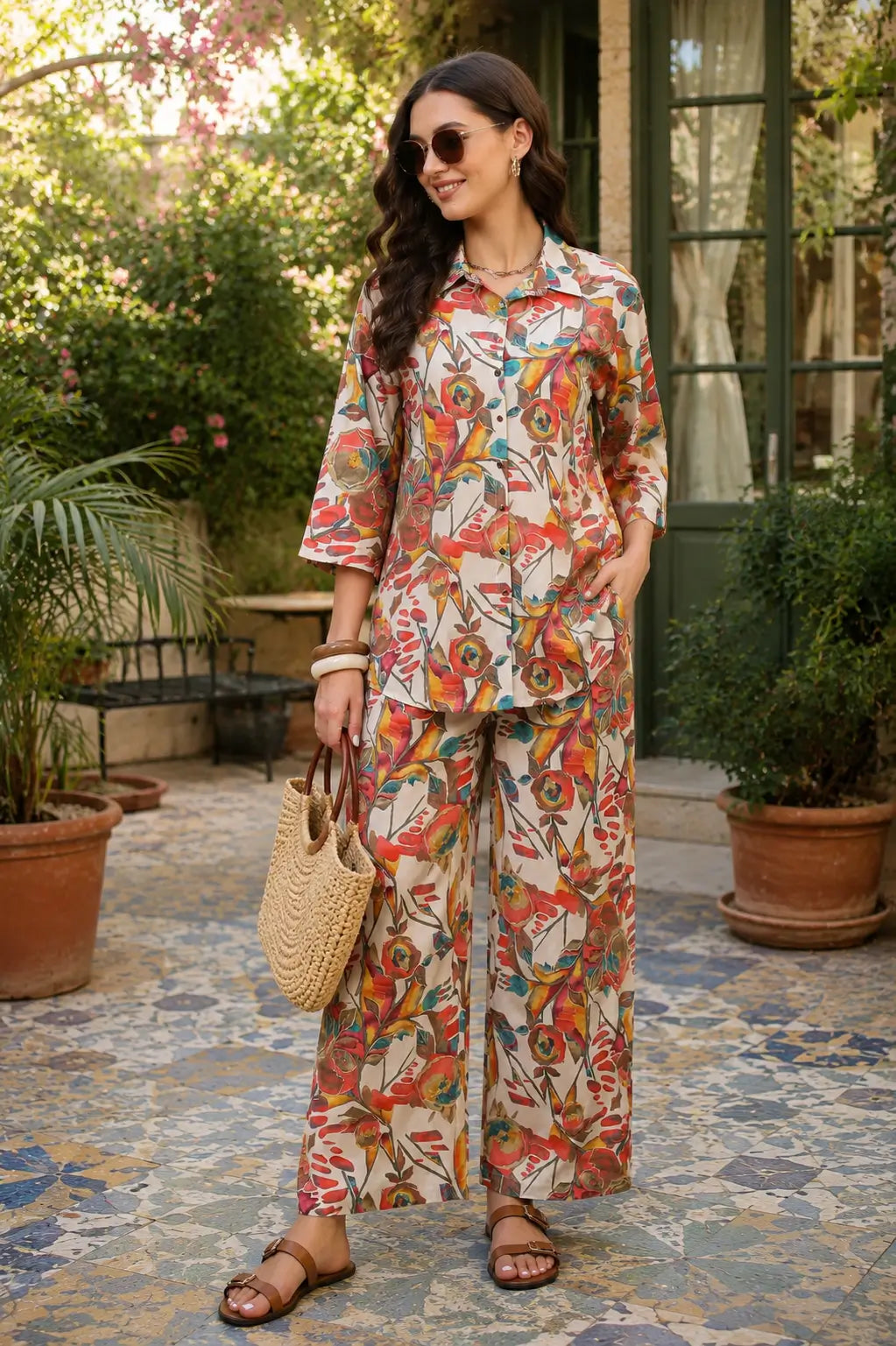 Rabric women floral rayon co-ord set outdoor lifestyle fashion image stylish vacation outfit with relaxed fit printed pants