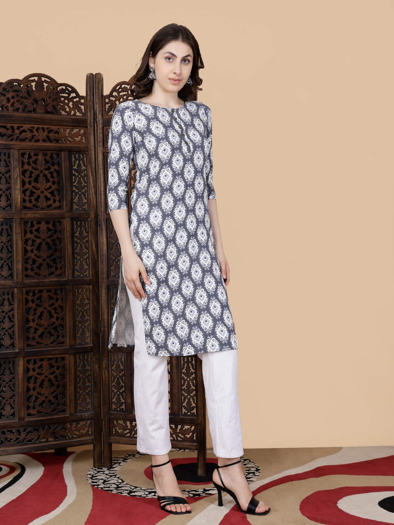 Side View of Elegant Rayon Kurti with White Pants for Women