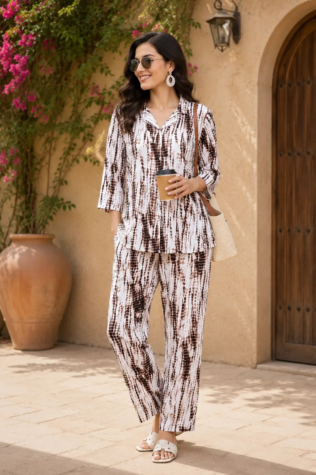 Rabric women luxury rayon co-ord set in brown and white abstract print styled for casual outdoor summer fashion look
