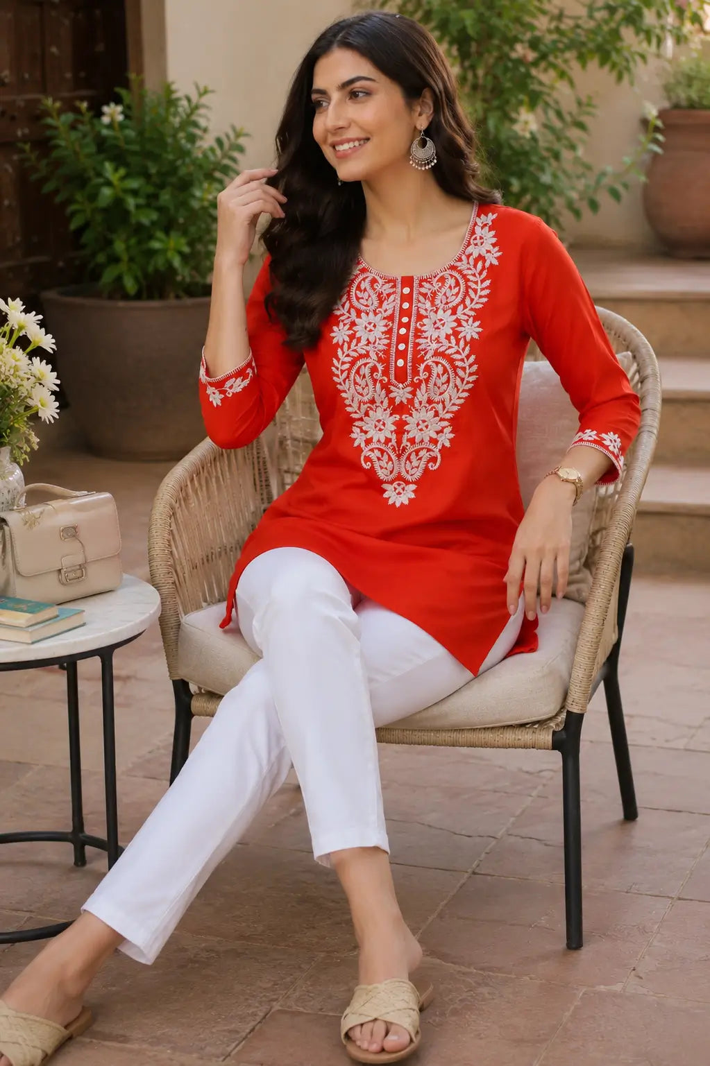 Women red cotton embroidered short kurti sitting pose lifestyle image with casual fashion accessories