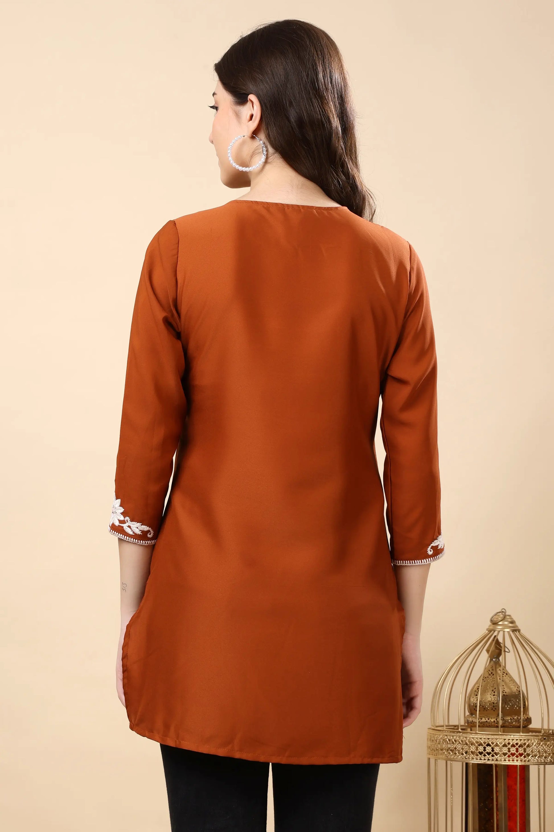 Back view of Rabric rust brown crepe short kurti for women