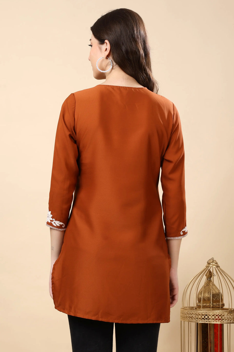 Back view of Rabric rust brown crepe short kurti for women