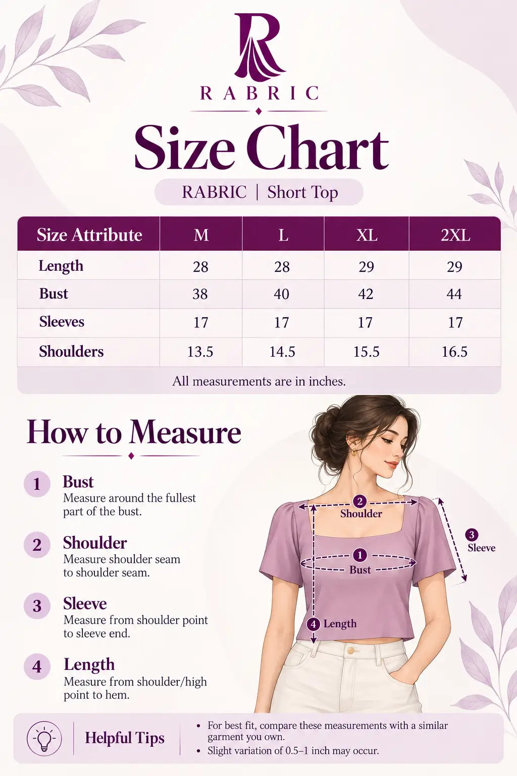 RABRIC women short top size chart for M to 2XL with bust, shoulder, sleeve and length measurement guide